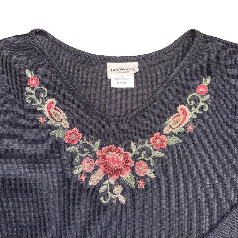 Bonworth Woman 3XL Petite Navy Floral Preppy Cottage Whimsical Top 3/4 Sleeve